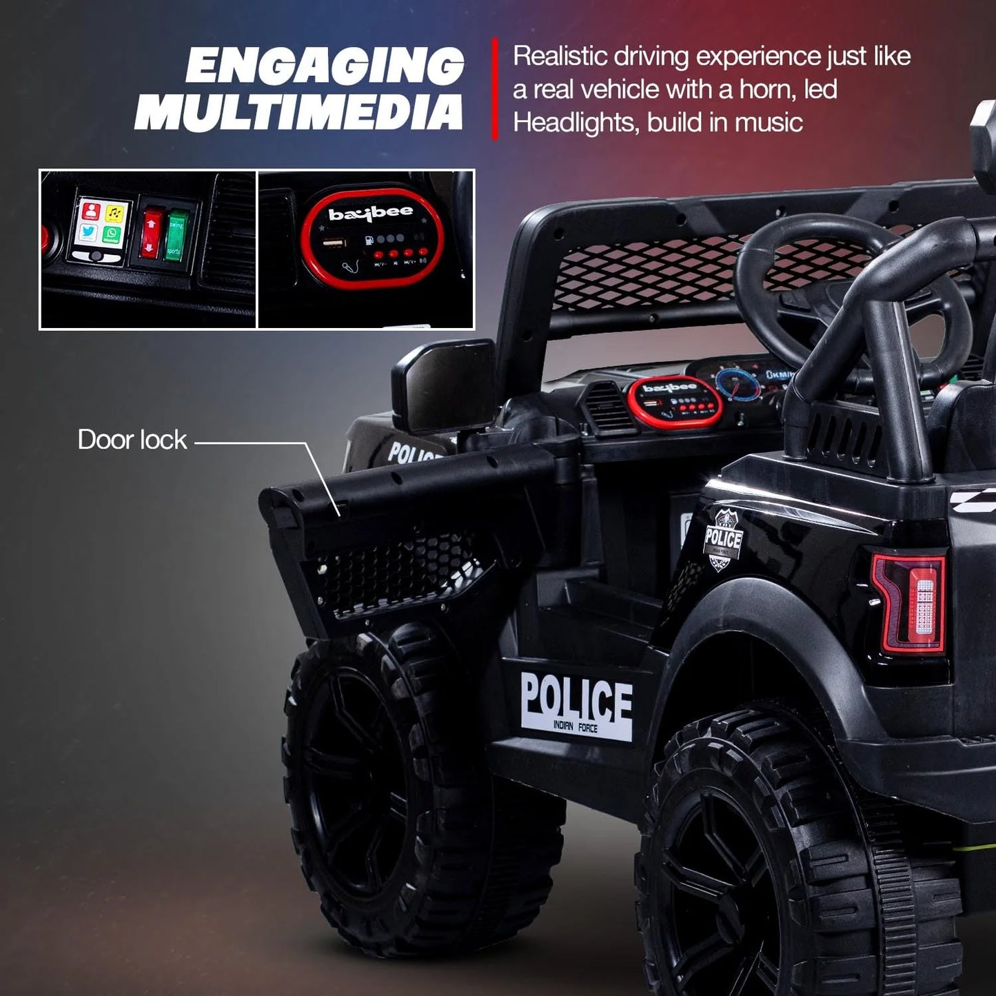 Pobo Kids Electric Rechargeable Jeep I LED Head Lights & Music I 1-8 Years