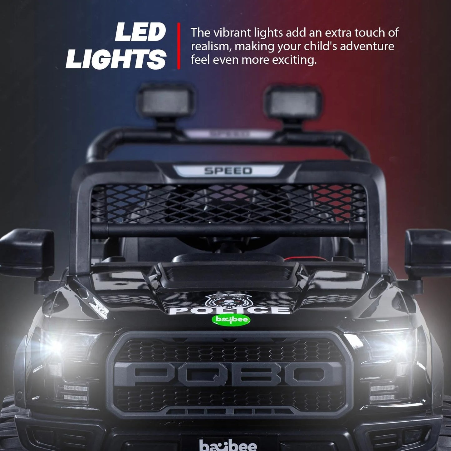 Pobo Kids Electric Rechargeable Jeep I LED Head Lights & Music I 1-8 Years
