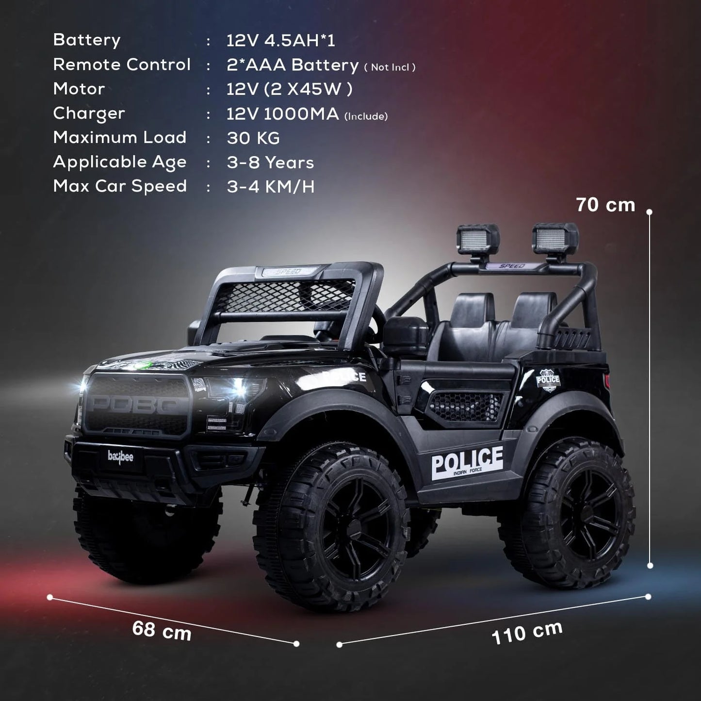 Pobo Kids Electric Rechargeable Jeep I LED Head Lights & Music I 1-8 Years